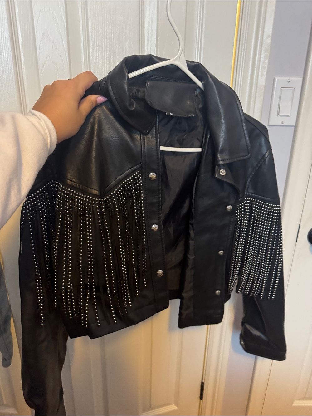 Amazon Black Faux Leather Jacket with Silver Stud Fringe - Women